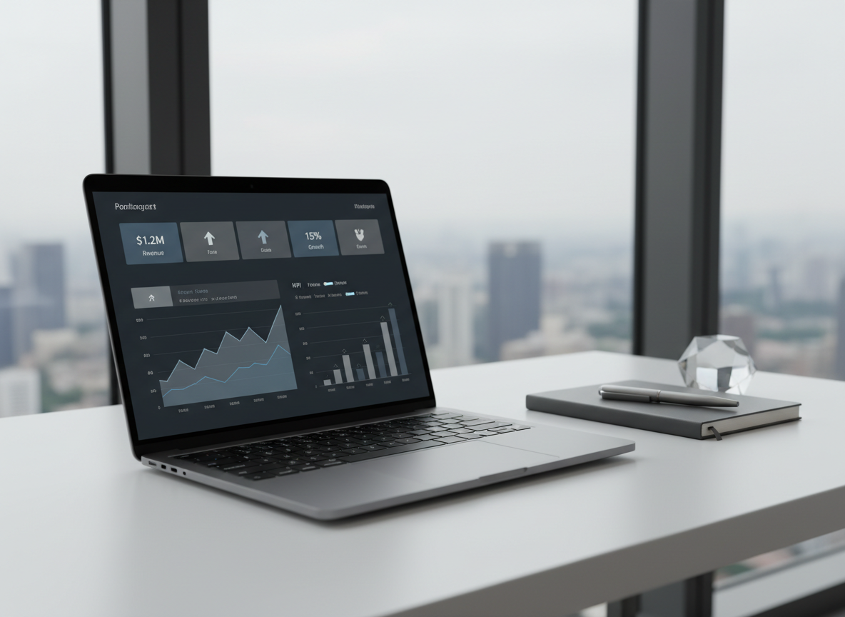 A sleek matte-charcoal laptop open on a minimalist white desk, its screen displaying a clean financial dashboard with line charts, bar graphs, and KPI tiles in muted blues and slate grays. Beside it, a slim graphite notebook and a brushed steel pen rest in precise alignment near a geometric glass paperweight. In the background, a blurred city skyline is visible through a large floor-to-ceiling window, suggesting a high-level strategic vantage point. Soft, diffused daylight enters from the left, creating gentle reflections on the laptop’s metallic edges and subtle shadows under the objects. Photographic realism, shot at eye level with a slight three-quarter angle, balanced composition and shallow depth of field. The mood is analytical, orderly, and corporate, emphasizing clarity in financial planning and decision support.