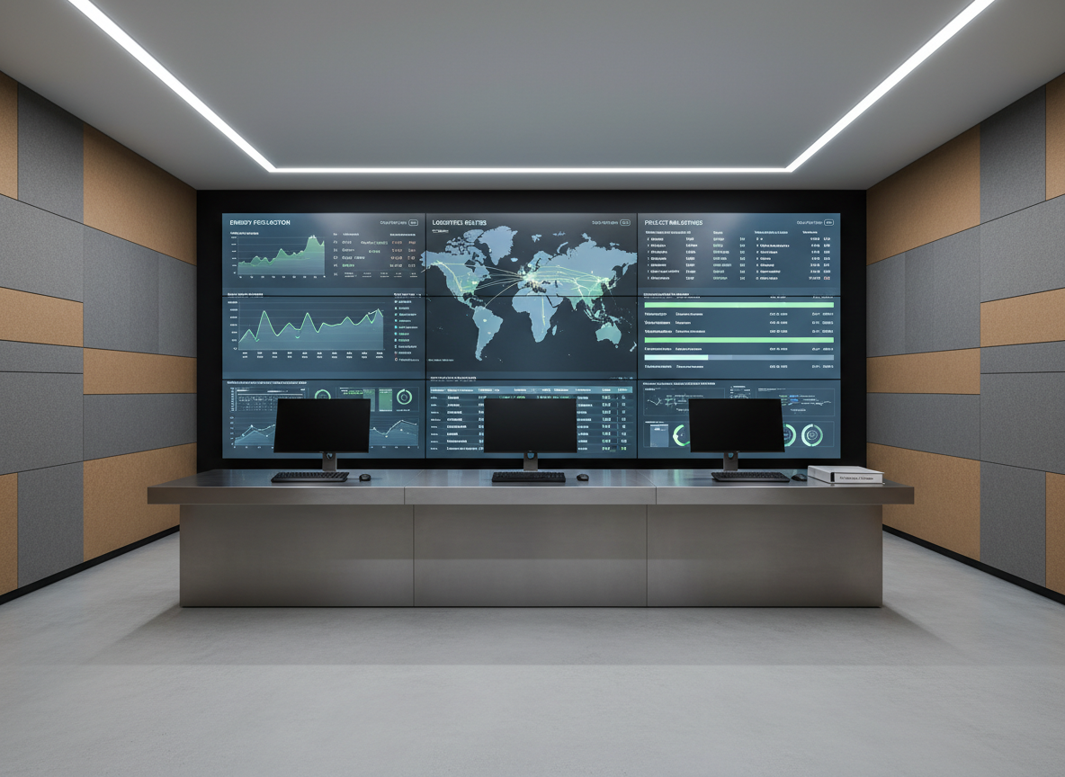 An oversized, wall-mounted digital operations dashboard spanning the width of a clean corporate control room, displaying real-time metrics for energy production, logistics routes, and project milestones in muted blues, grays, and soft greens. Below the screen, a long console of brushed metal houses neatly arranged keyboards, minimalist monitors turned slightly aside, and a single closed report binder labeled “Operations Review” in small, precise lettering. The room features acoustic wall panels in warm gray and a polished concrete floor. Cool, evenly distributed LED lighting creates a crisp, high-tech ambiance without harsh shadows. Photographic realism, shot straight-on with symmetrical composition and deep focus, emphasizing structure and oversight. The atmosphere is calm, controlled, and data-driven, conveying governance and cross-functional coordination in complex environments.