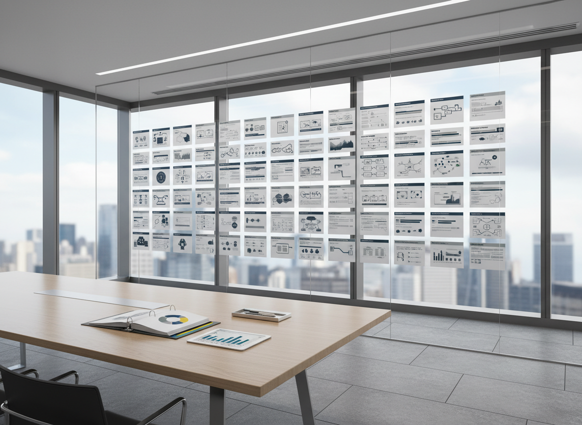 A large, frameless glass wall covered with neatly arranged translucent strategy cards and printed diagrams in cool gray and navy tones, each card displaying icons of projects, timelines, and supply chain flows. Below, a long, pale oak conference table holds an open binder with color-coded tabs, a slim tablet showing a Gantt chart, and a stainless-steel pen tray. The environment is a high-rise corner office with neutral stone flooring and a distant, softly blurred skyline. Overhead recessed lighting combines with natural daylight to produce even, shadow-free illumination, highlighting the structure and order of the materials. Photographic realism, captured from a slightly elevated, wide-angle perspective with strong leading lines. The mood is methodical, focused, and executive, representing structured strategic planning sessions.