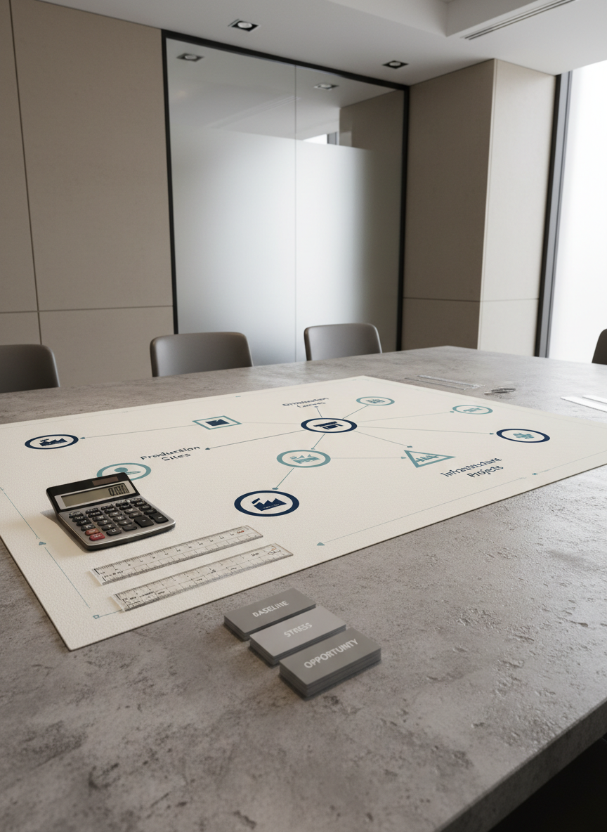 A polished, neutral-toned supply chain map laid out on a large stone-gray meeting table, showing interconnected nodes for production sites, distribution centers, and infrastructure projects rendered as simple geometric icons in navy and steel-blue. Fine lines indicate transportation routes, with subtle arrows suggesting flow and direction. Around the map are a few precise objects: a slim calculator, a pair of transparent acrylic rulers, and a compact stack of monochrome scenario cards labeled “Baseline,” “Stress,” and “Opportunity.” The surrounding room is minimal, with a faintly visible glass partition and muted beige wall panels. Soft overhead lighting and side daylight combine to produce even illumination and small, controlled shadows that add depth. Photographic realism, captured from an elevated three-quarter view with balanced framing. The mood is analytical and strategic, emphasizing supply chain visibility and scenario-based planning.